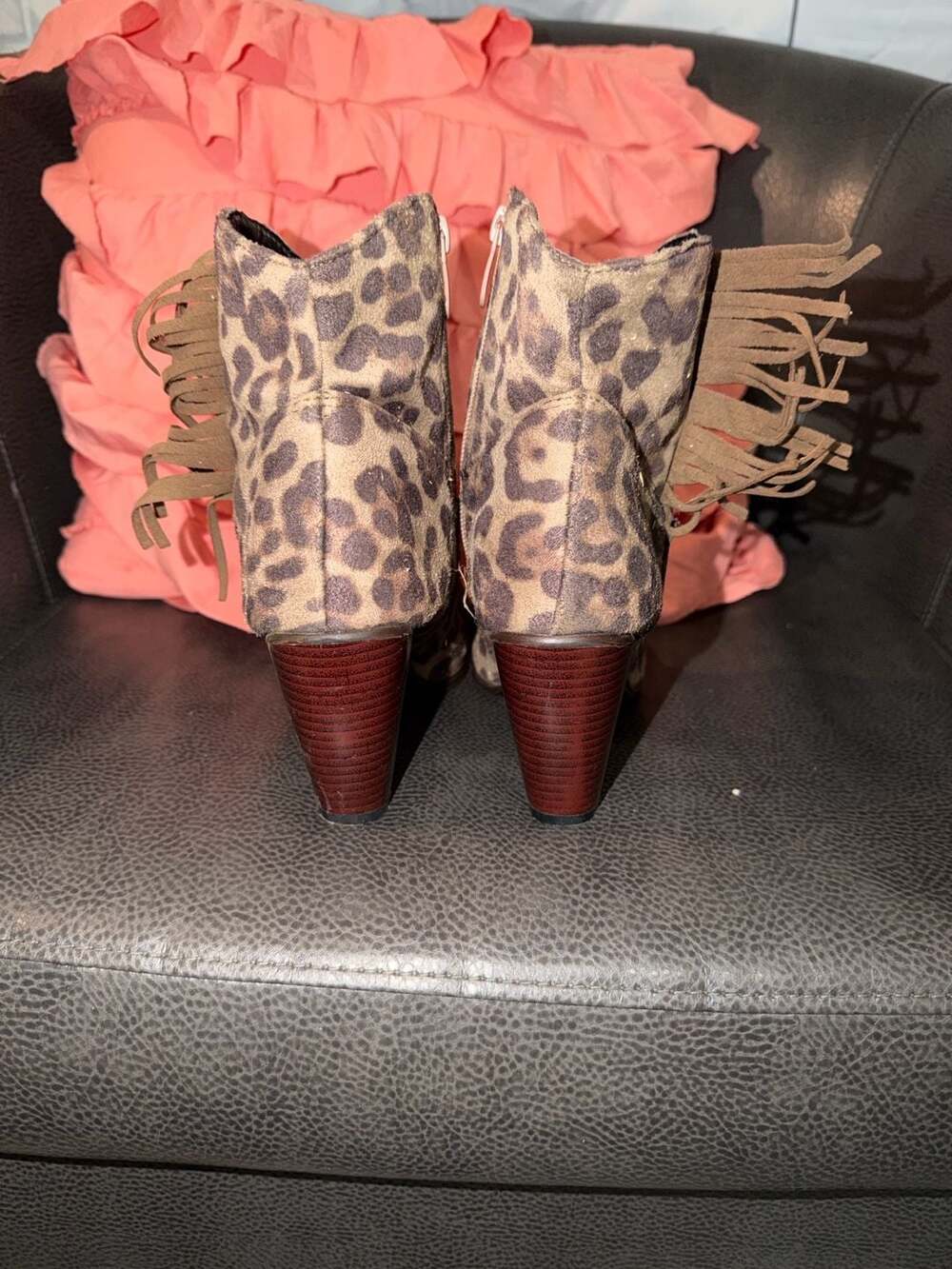 Leopard Print Fringe Suede Heeled Ankle Boots